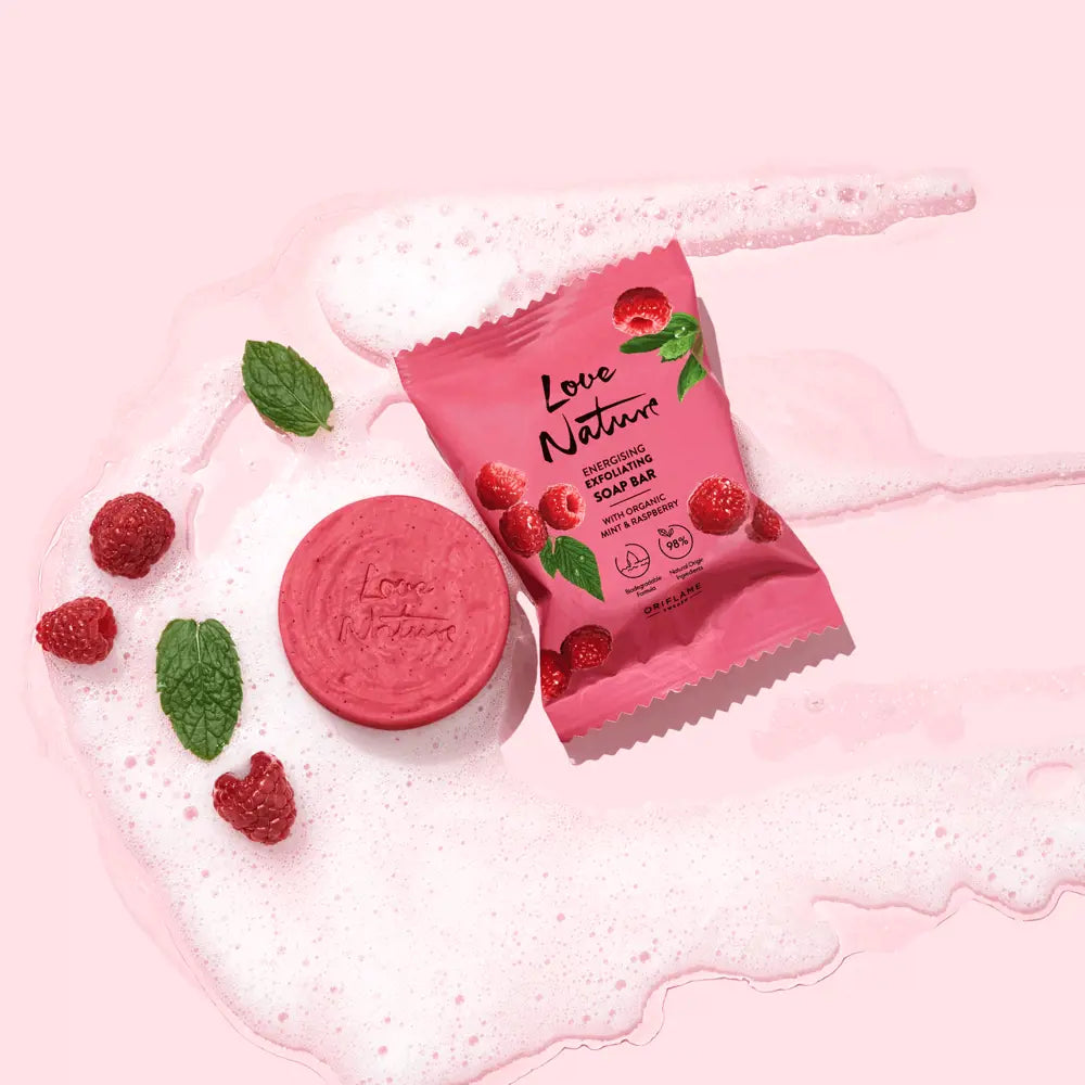 Love Nature Energising Exfoliating Soap Bar with Organic Mint & Raspberry 75 g
